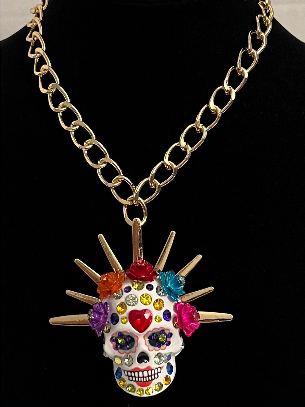 Betsey Johnson Gold-Tone Sugar Skull Pendant Necklace with Multicolor Stones